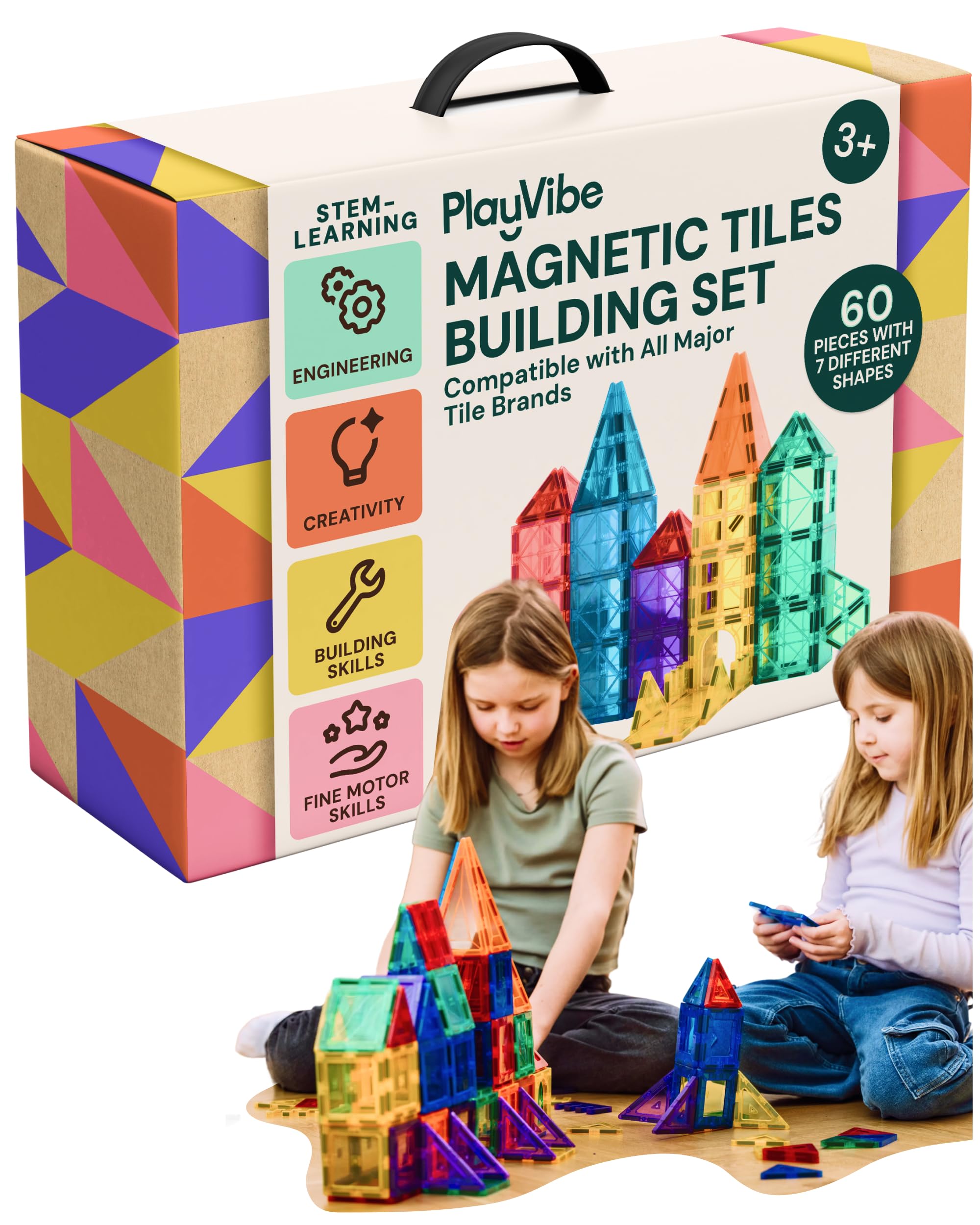 PLAYVIBE Magnetic Tiles 60 Pcs - 3D Magnet Toys for Kids 3+ - STEM